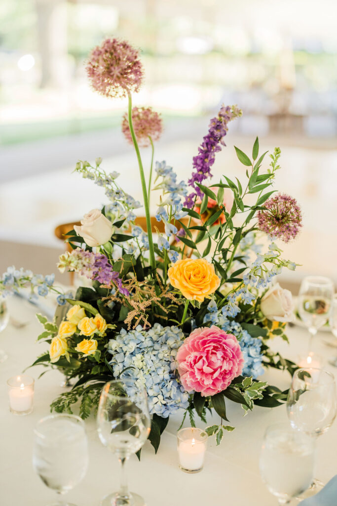 Floral centerpiece at Brecknock Hall wedding reception
