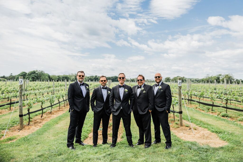 Groom and groomsmen at Bedell Cellars